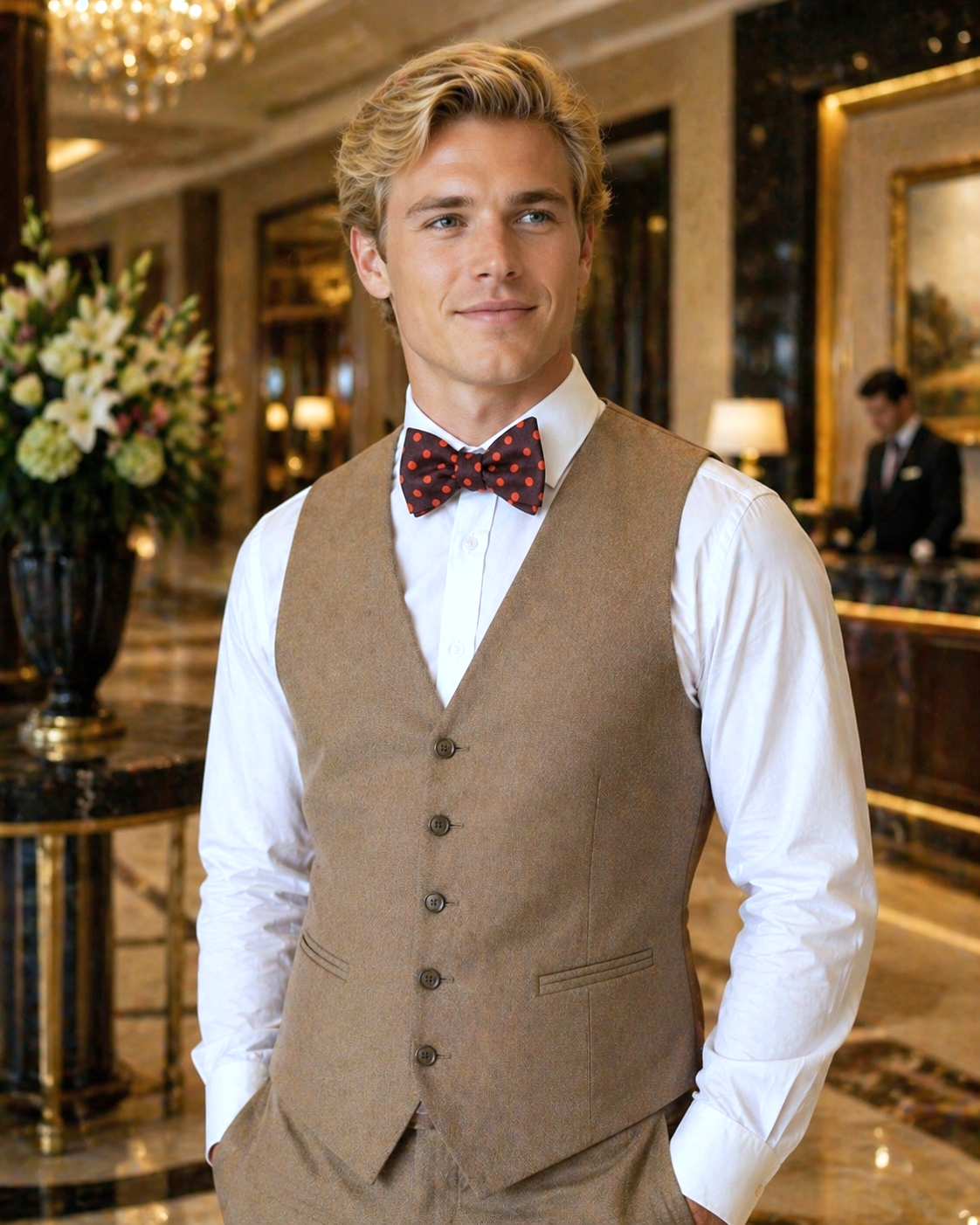 Brown orange cotton polka dot bow tie