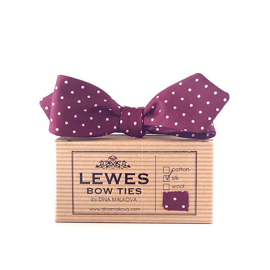 Burgundy skinny diamond point polka dot 50s style bow tie