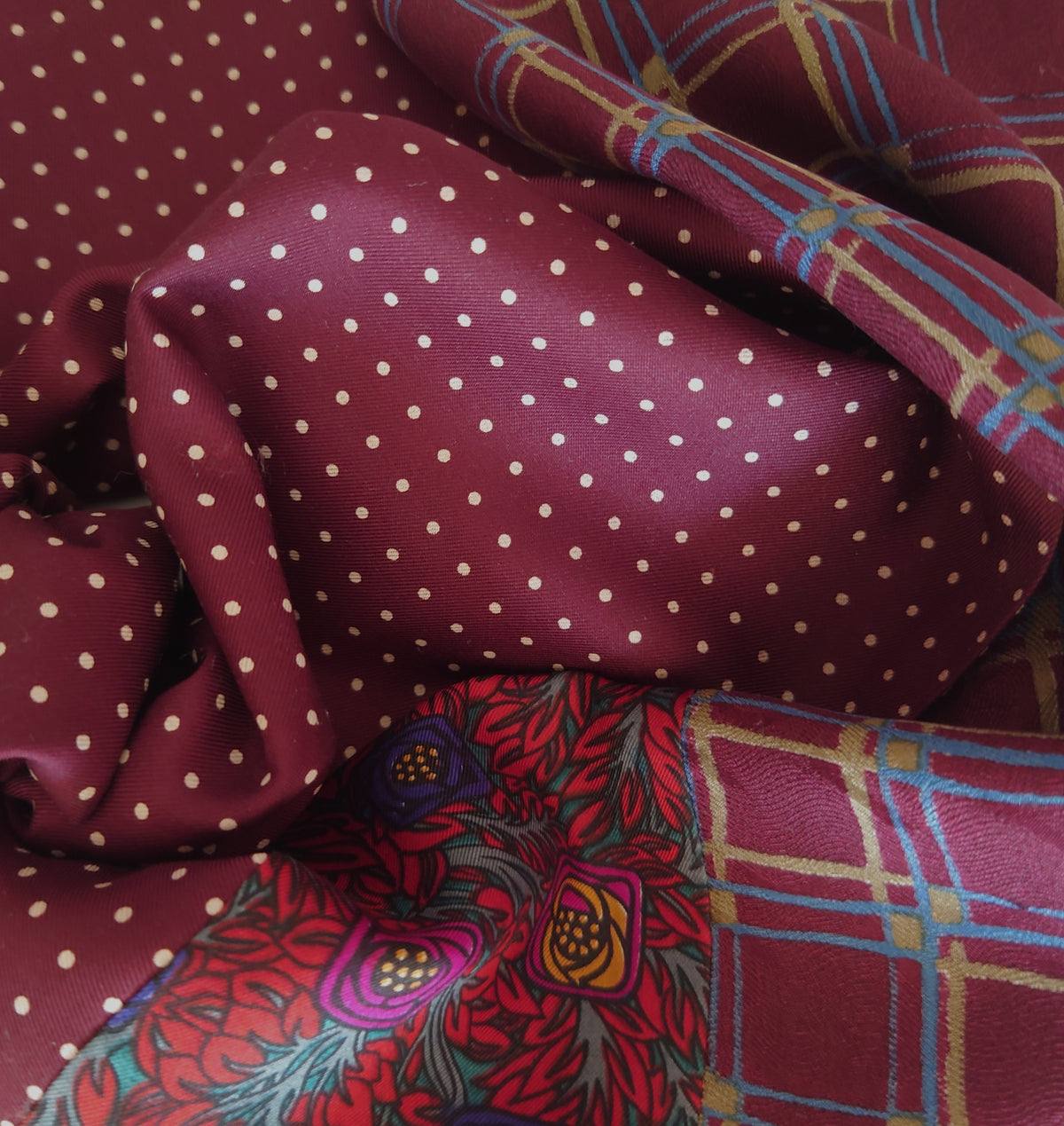 Men's silk patchwork scarf in burgundy and blue