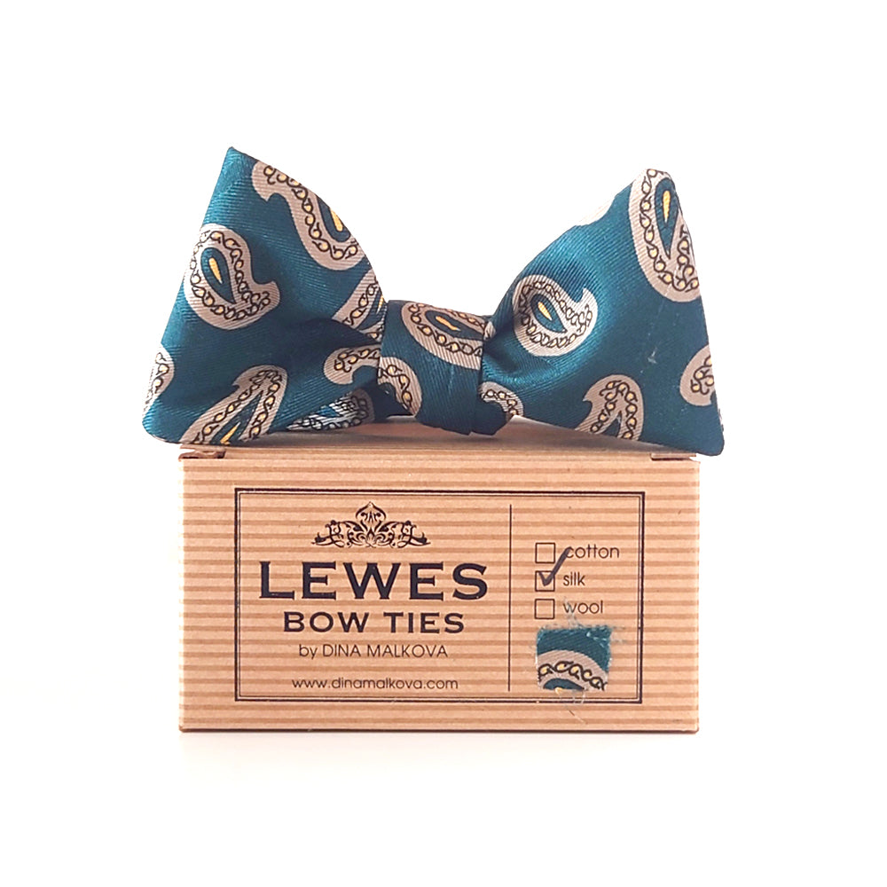 Teal green silk paisley bow tie