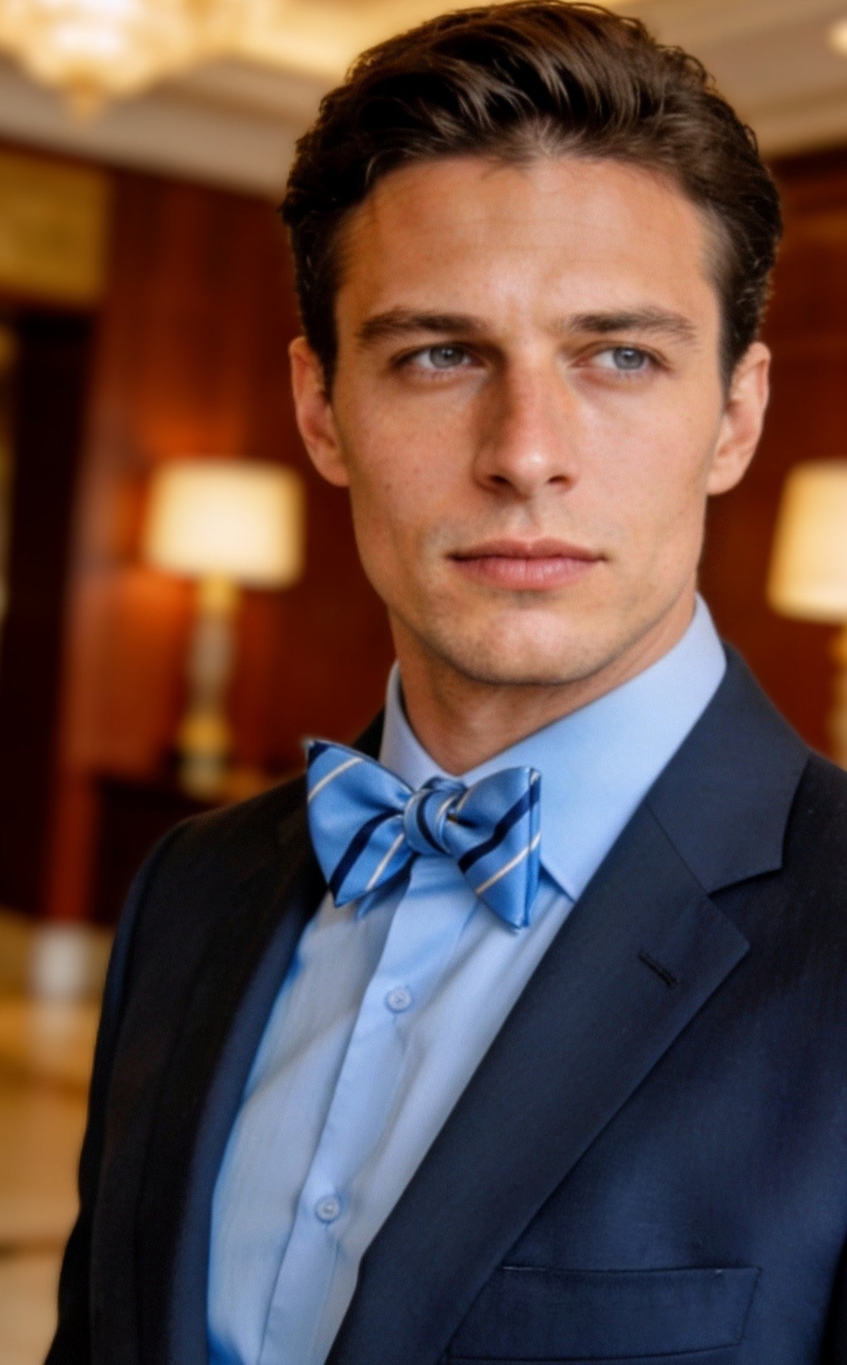 Sky blue vintage silk striped bow tie