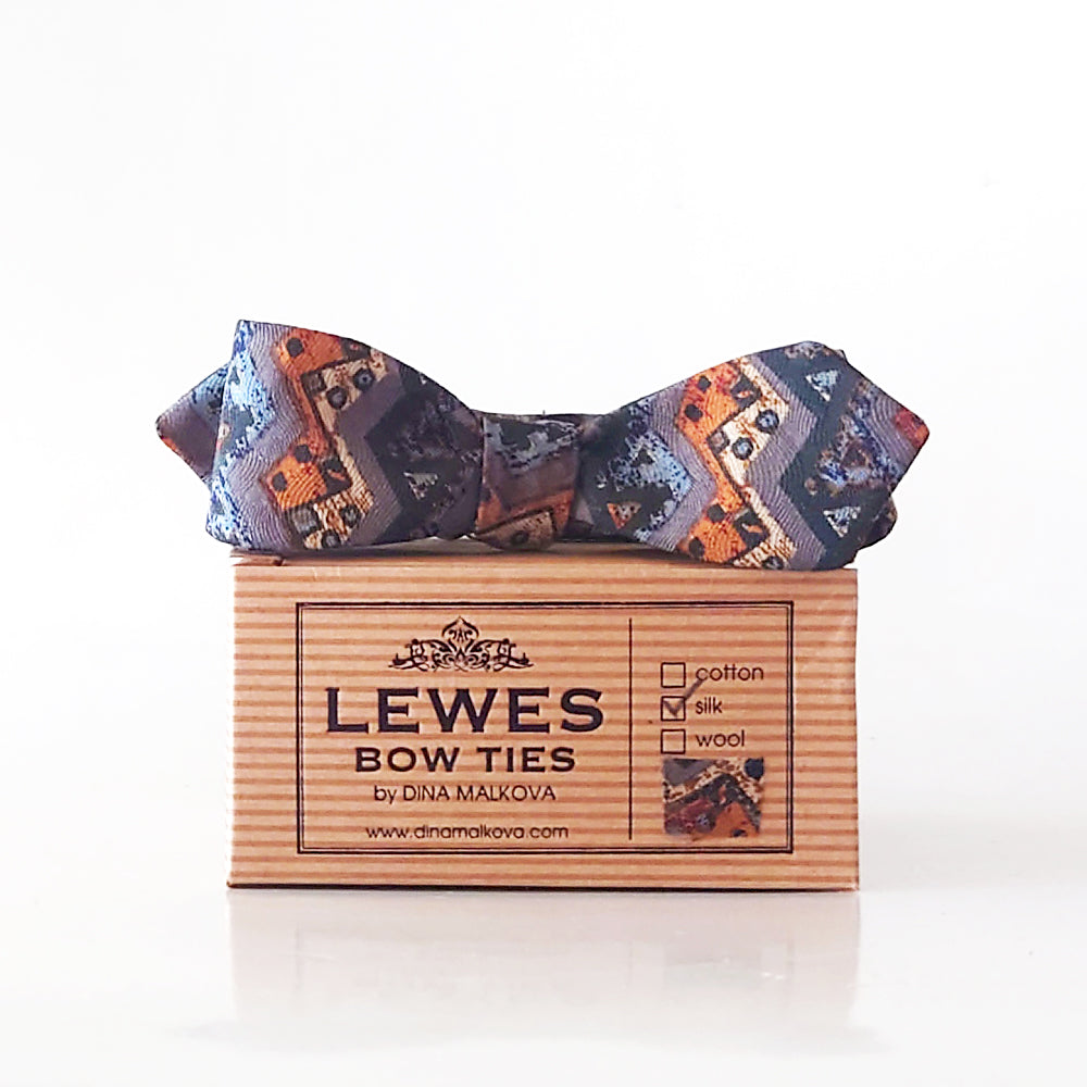 Vintage silk skinny bow tie in grey and orange graphic pattern with box
