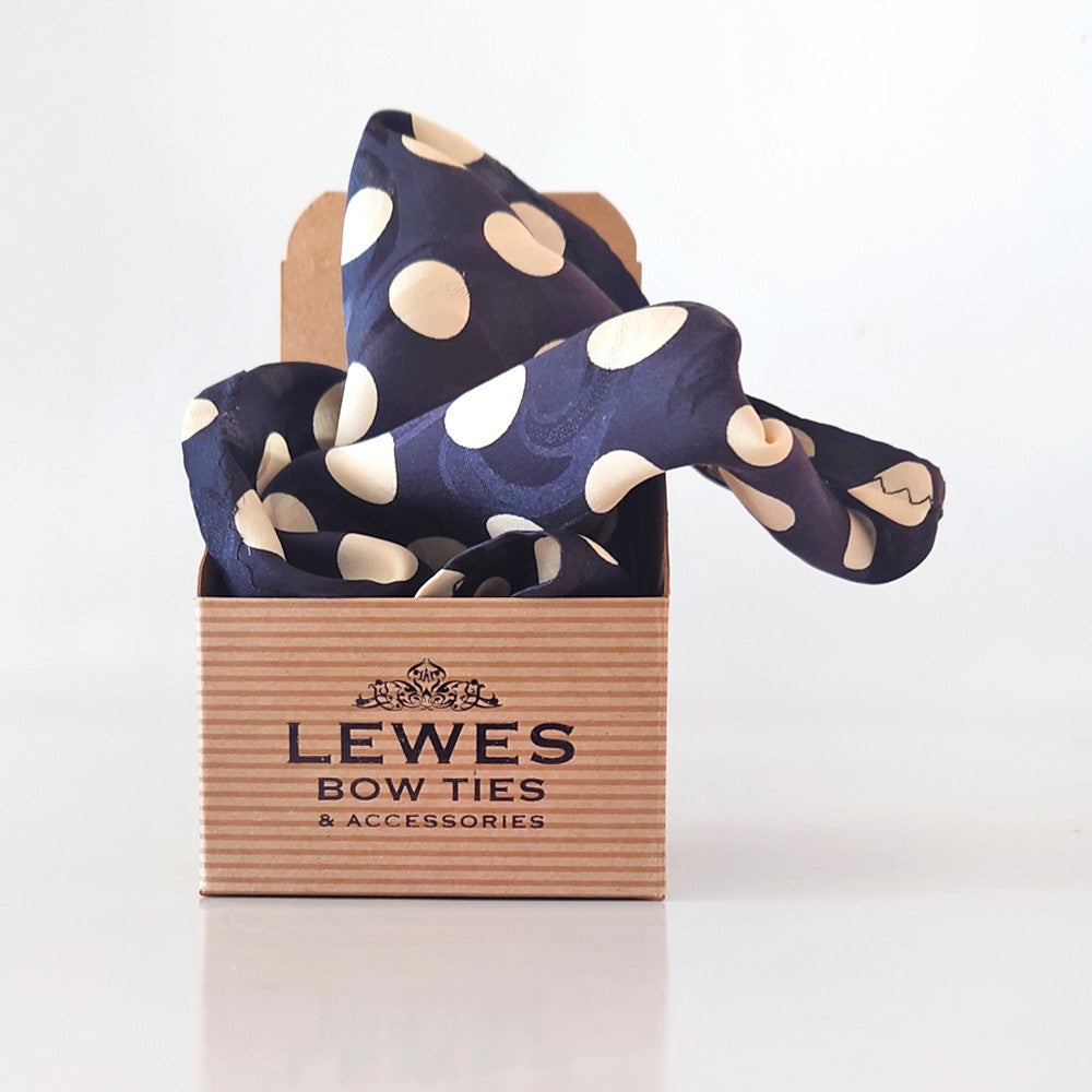 Black and white large polka dot silk pocket square 30 cm hand made from vintage silk. Limited edition.