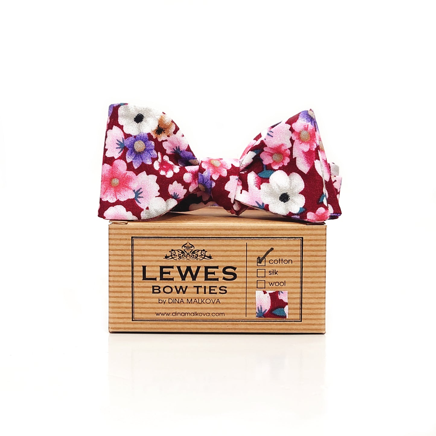 pink floral bow tie on Lewes bow ties brand box