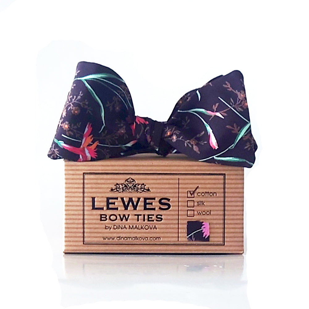 Pink carnations on brown cotton bow tie