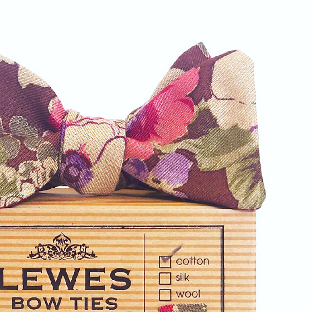 Brown and Pink floral self tie bow tie made from vintage twill fabric