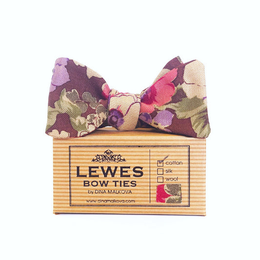 Brown rose and purple floral bow tie