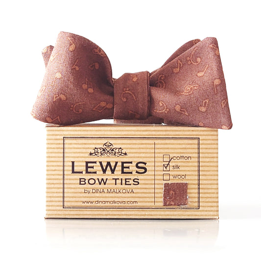 brown bow tie with music notes print