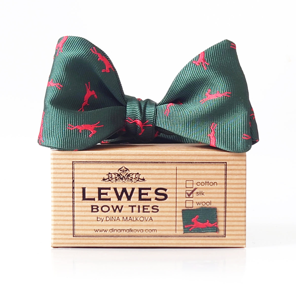 Dark green with red hare print silk bow tie