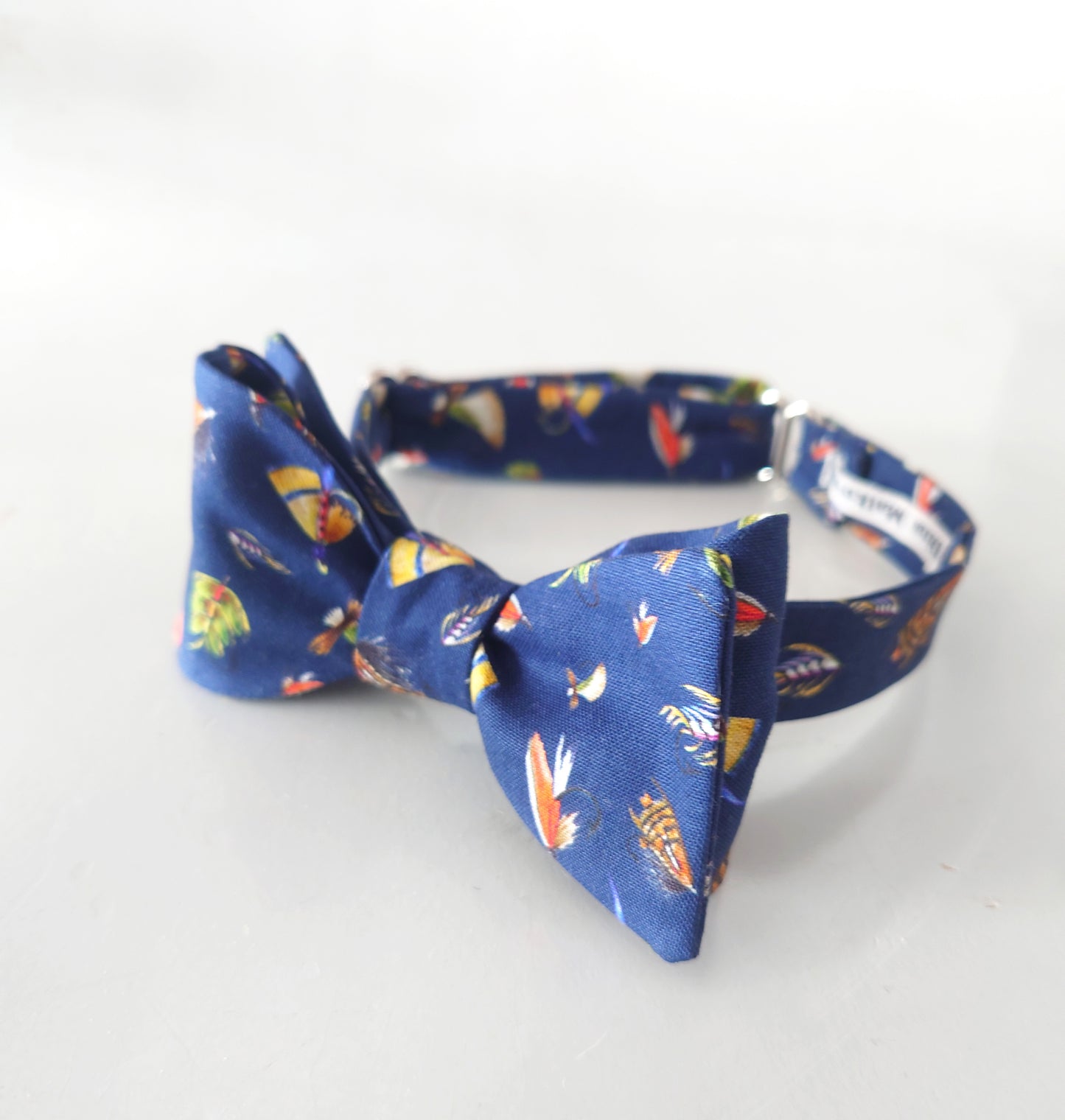 Fly fishing navy blue self tie bow tie