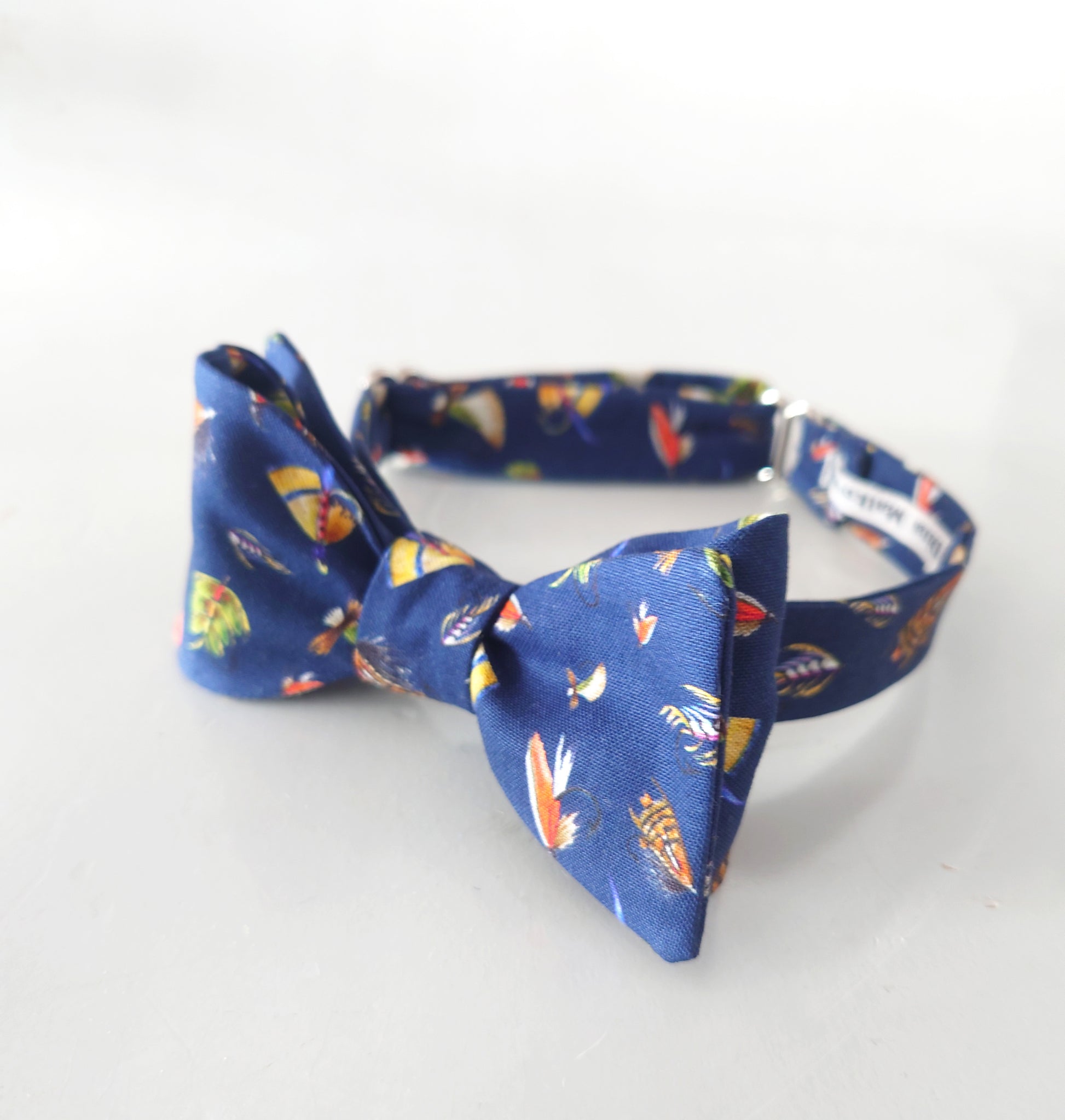 Fly fishing navy blue self tie bow tie
