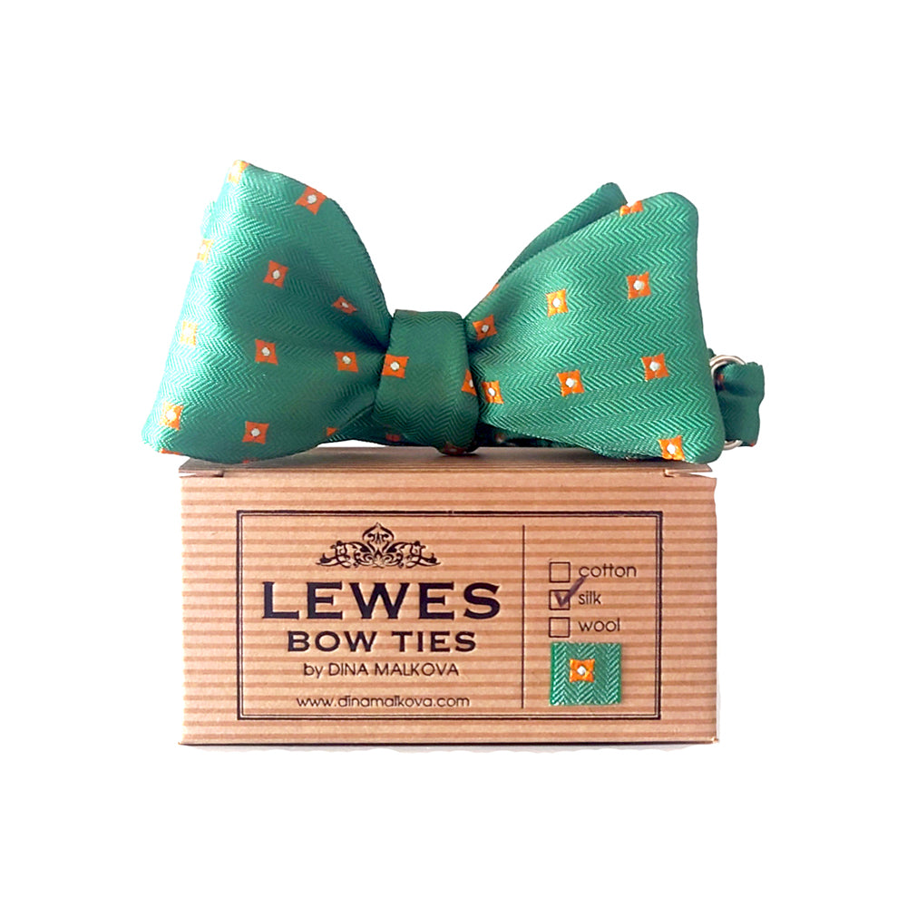 Green silk orange dots bow tie
