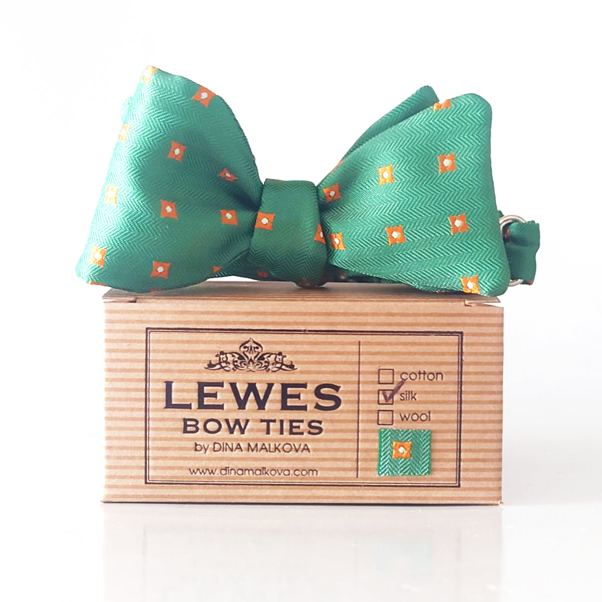 Green silk with orange dots bow tie