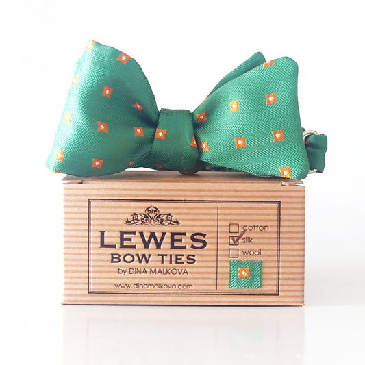 Green silk with orange dots bow tie