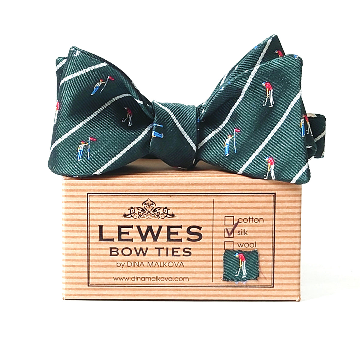 Green silk bow tie with golfers print