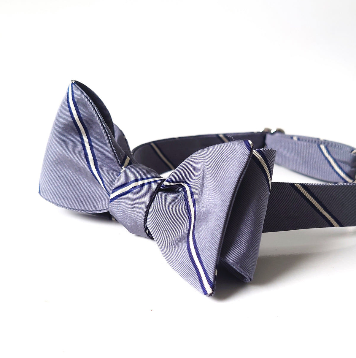 Grey silk white stripe self tie bow tie