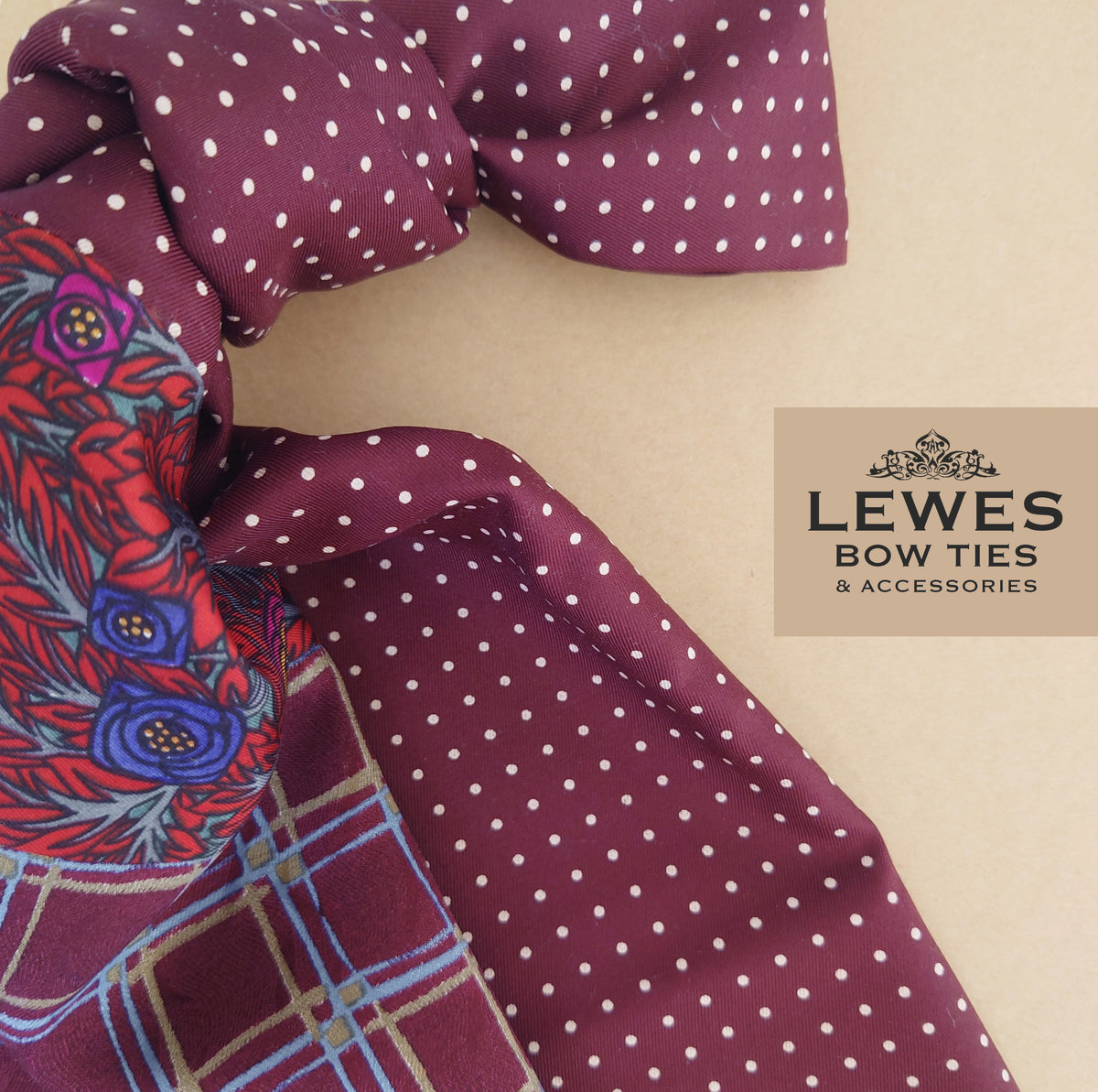Men's silk patchwork scarf in burgundy and blue