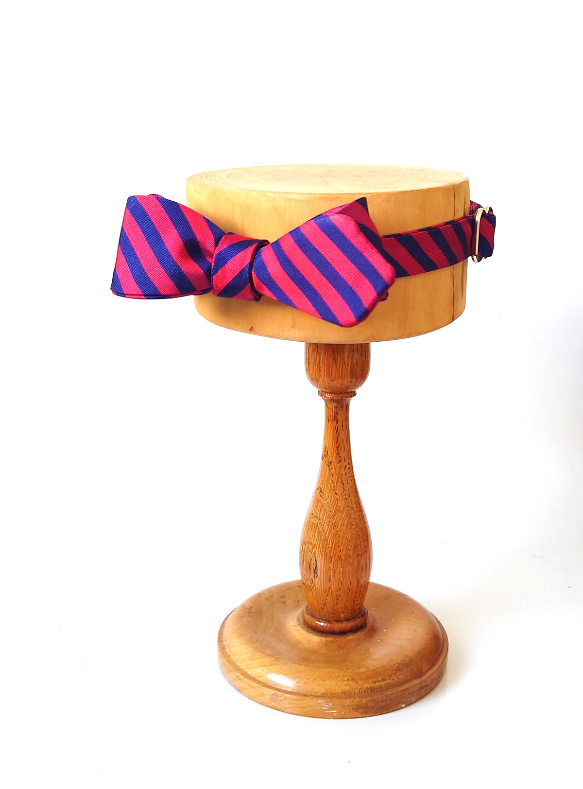Skinny 50s style maroon and blue striped bow tie