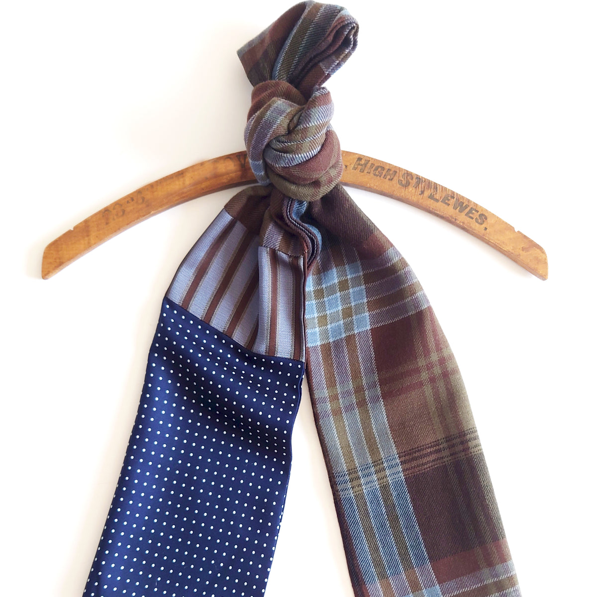 mens silk and wool patchwork scarf in brown and navy