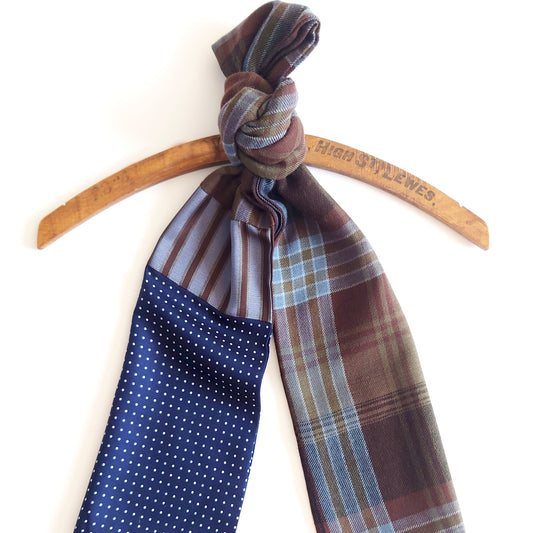 mens silk and wool patchwork scarf in brown and navy