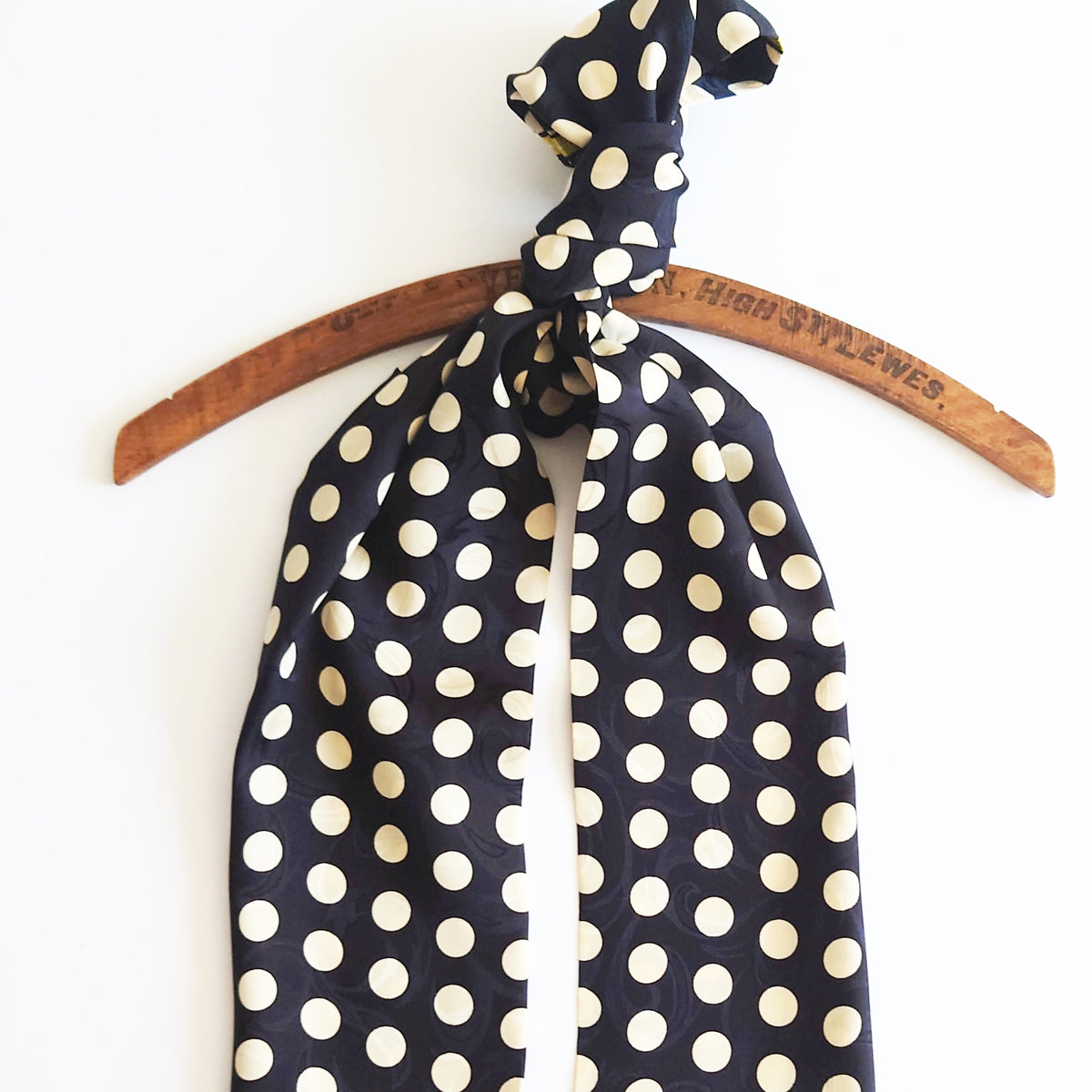 Mens silk scarf in black and white polka dot