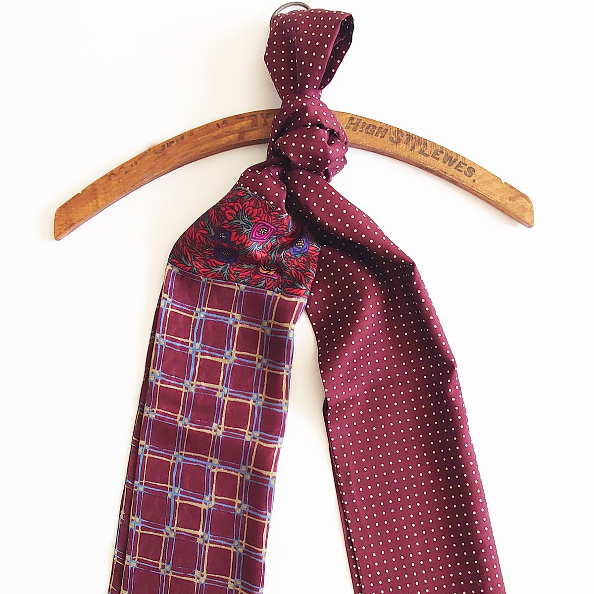Men's silk patchwork scarf in burgundy and blue