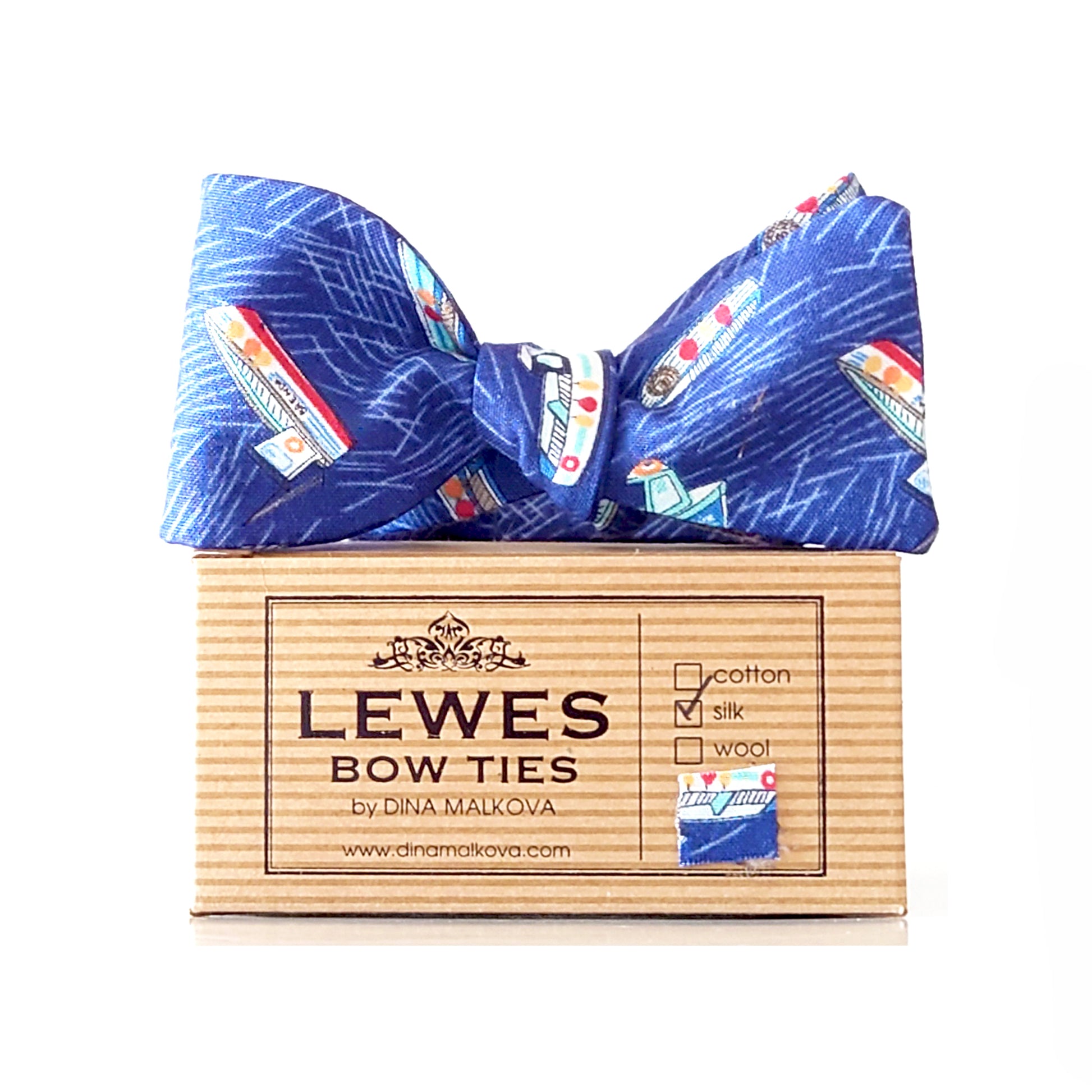 navy blue cotton bow tie with boats print