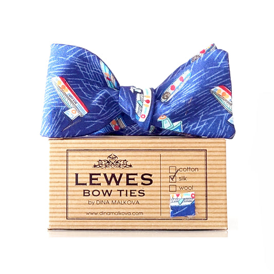 navy blue cotton bow tie with boats print