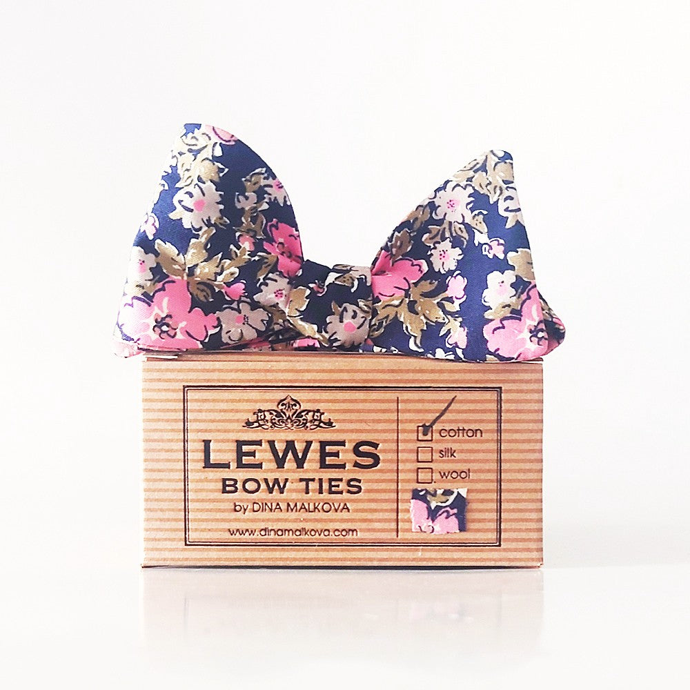 Navy blue bow tie with pink flowers