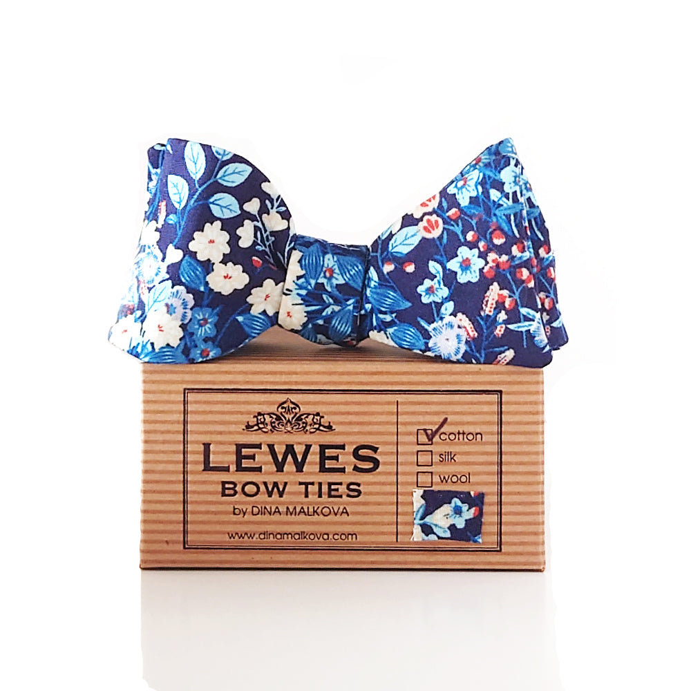 Navy blue ivory and a touch of coral winter floral bow tie