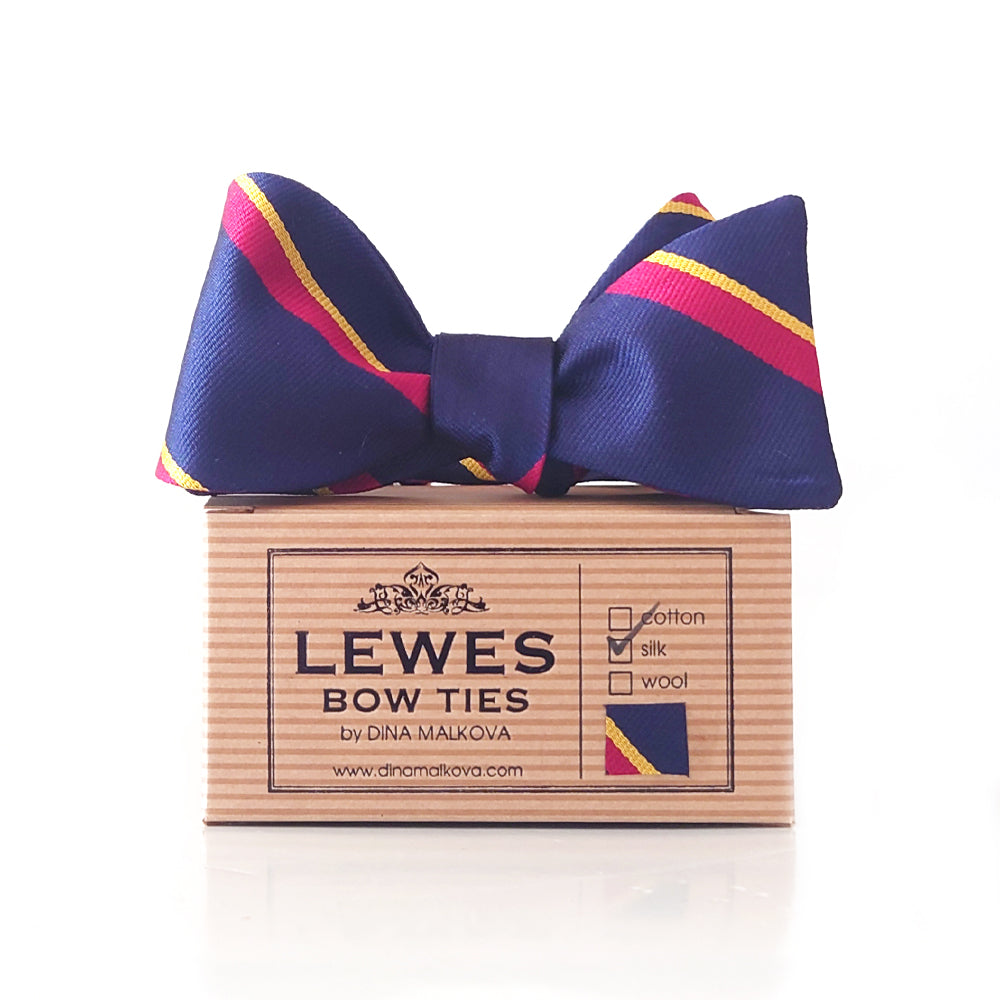 Navy silk with burgundy and gold stripe bow tie