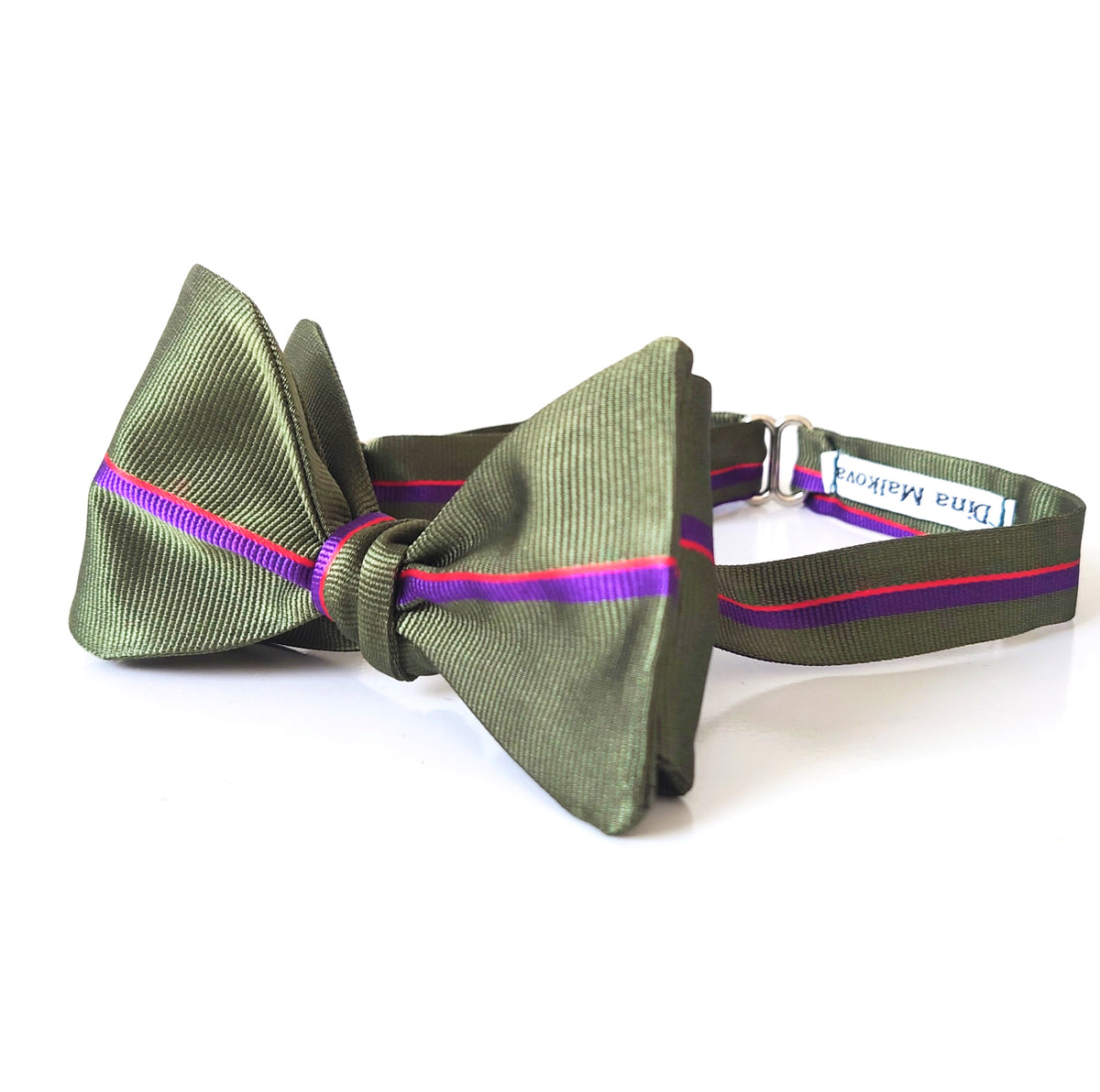 Pink stripe on moss green bow tie