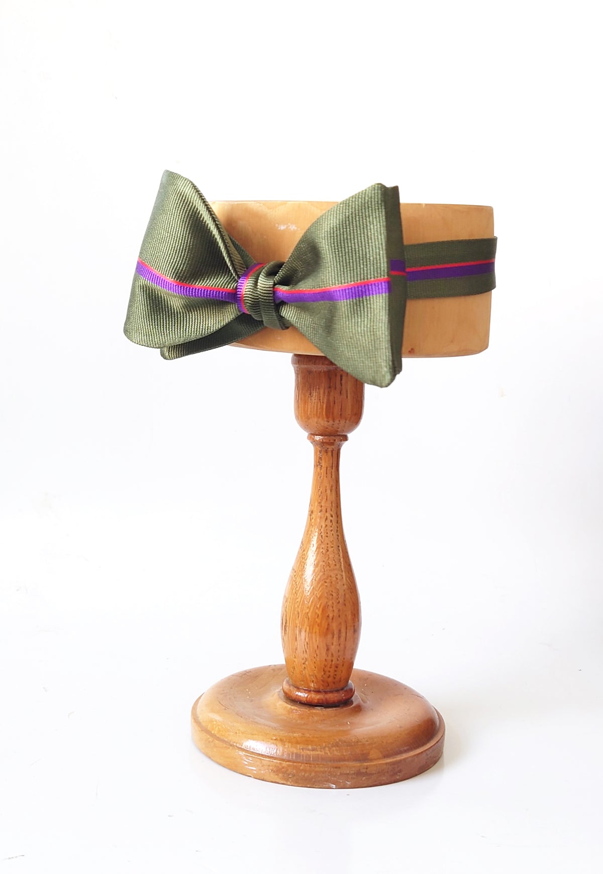 Pink stripe on moss green silk bow tie
