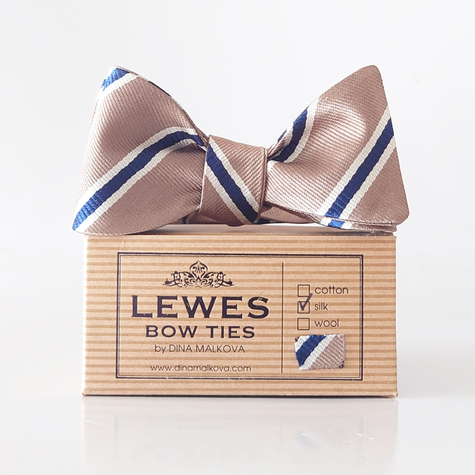 taupe and navy striped silk bow tie