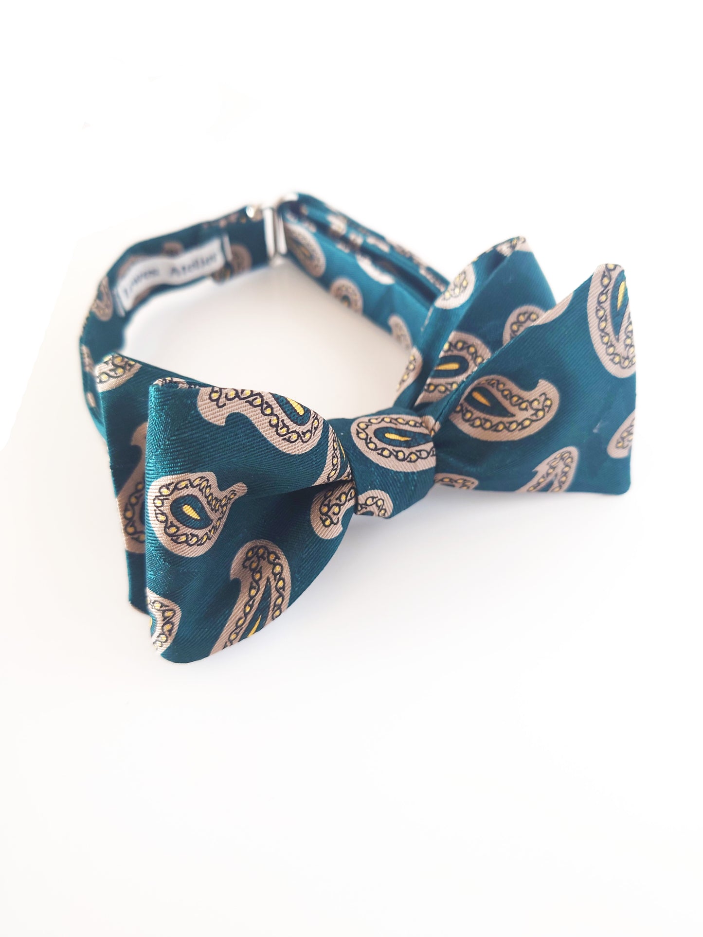 Teal green and gold paisley vintage silk self tie bow tie