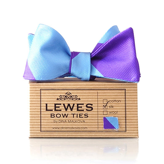 violet and sky blue wide striped silk bow tie