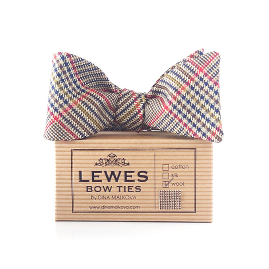 wool self tie bow tie in brown red and mustard yellow check