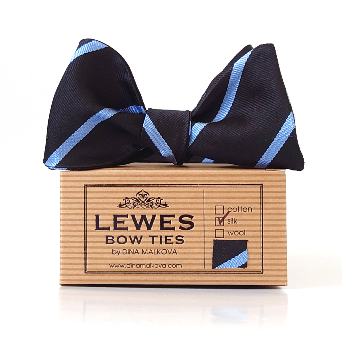 Black silk bow tie with sky blue stripe