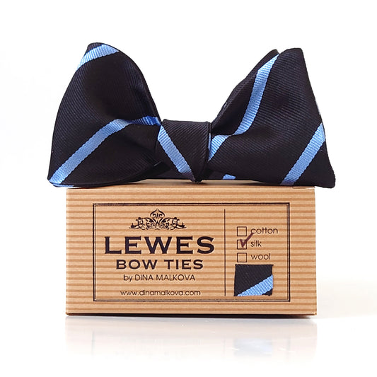 Black silk bow tie with sky blue stripe