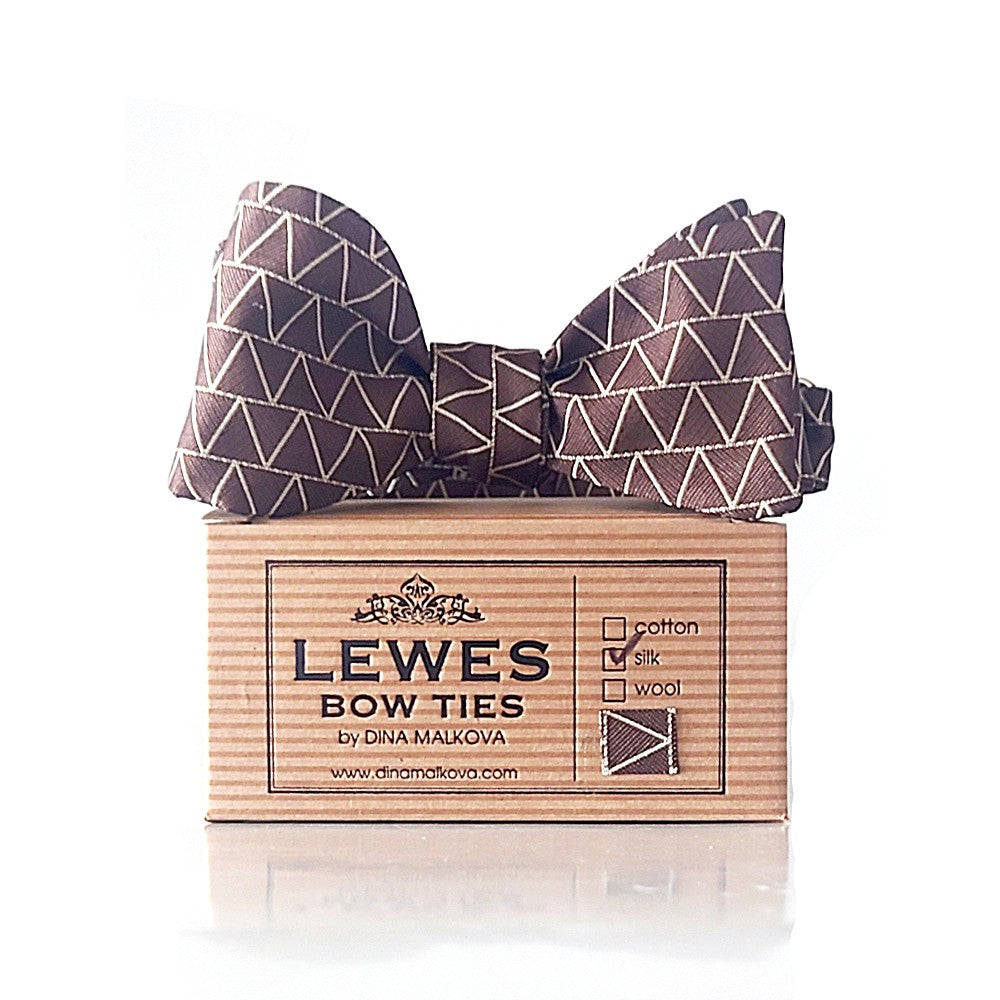 Brown silk geometric pattern bow tie