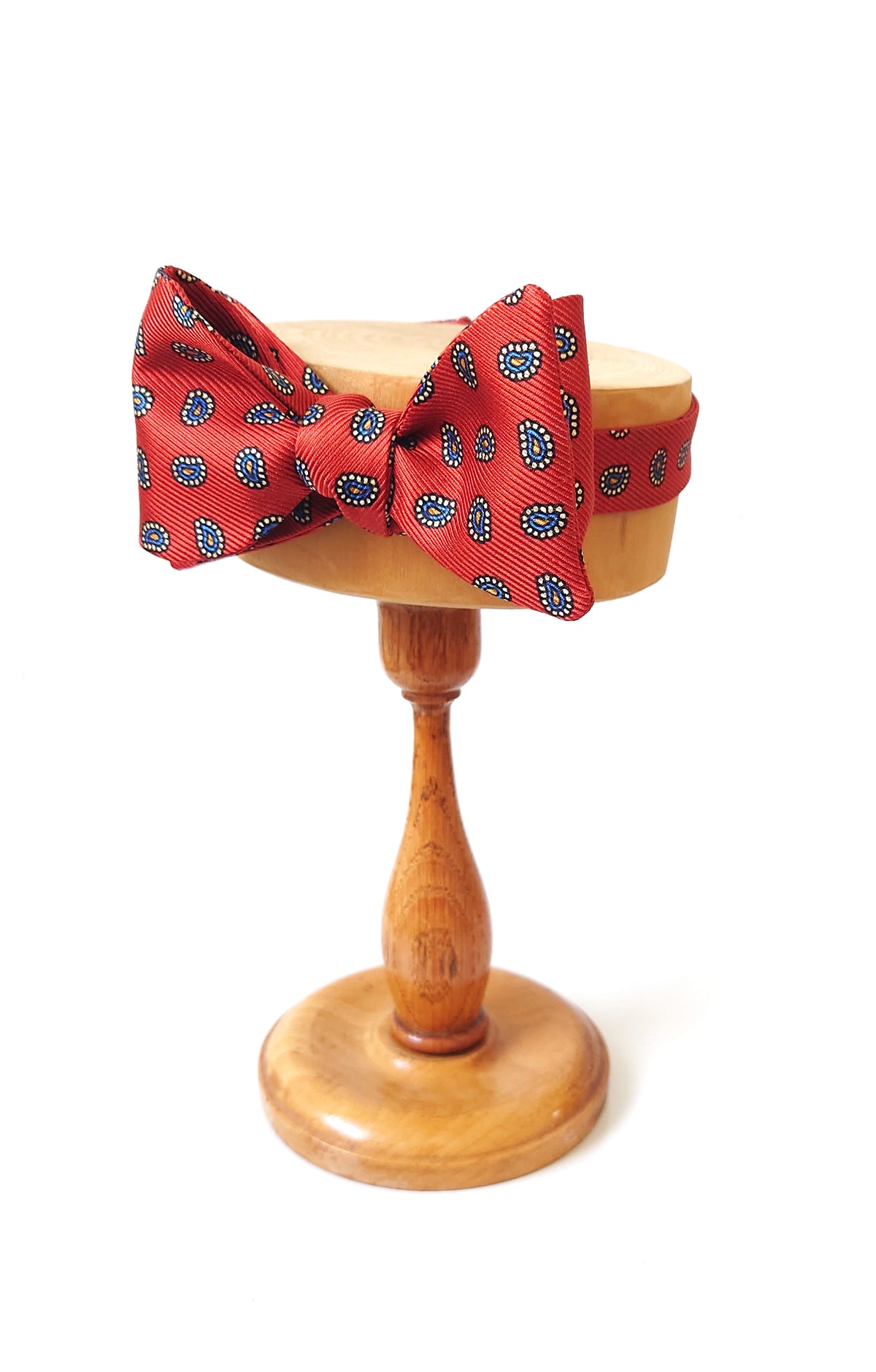 burnt orange and navy paisley bow tie