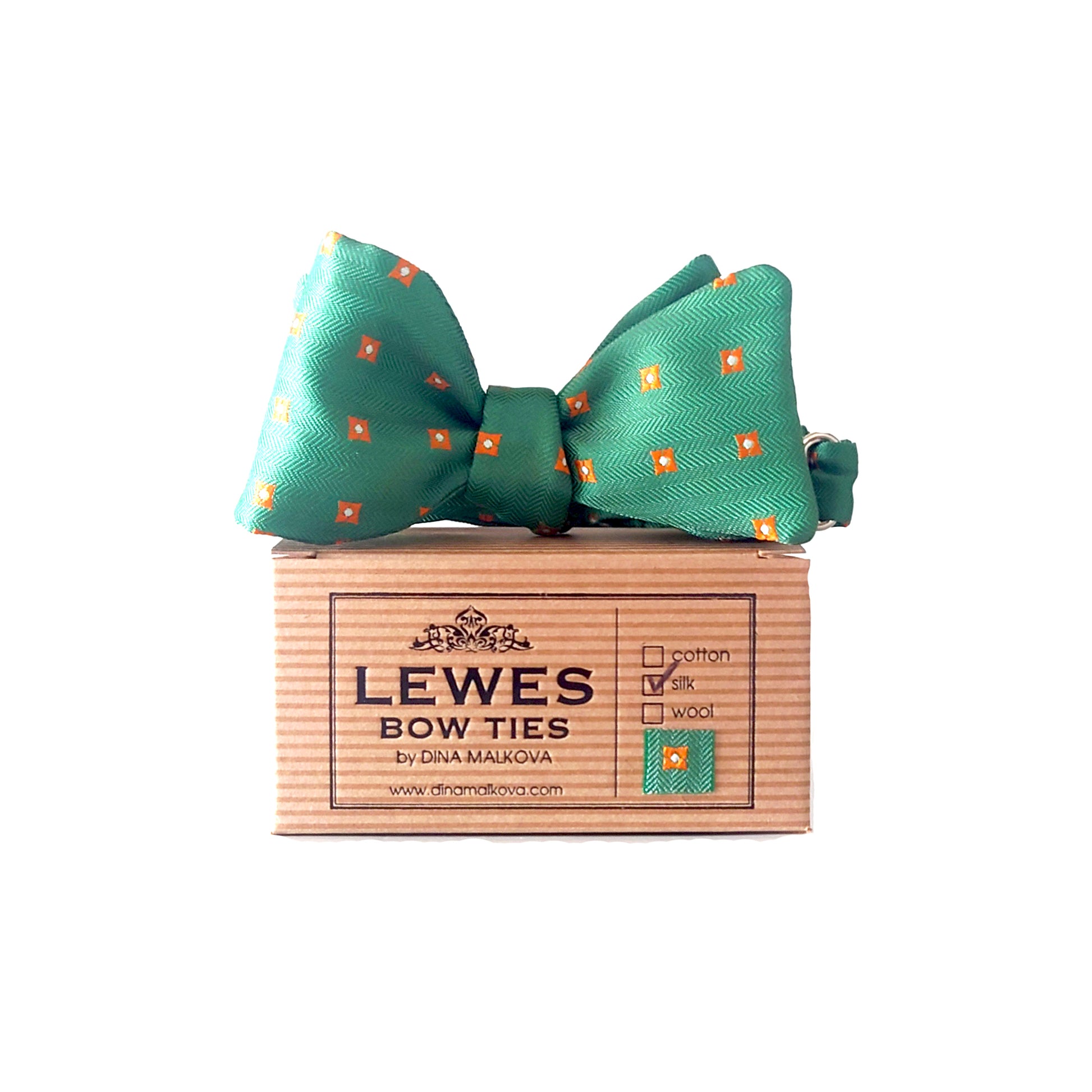 Green silk orange dots bow tie with box