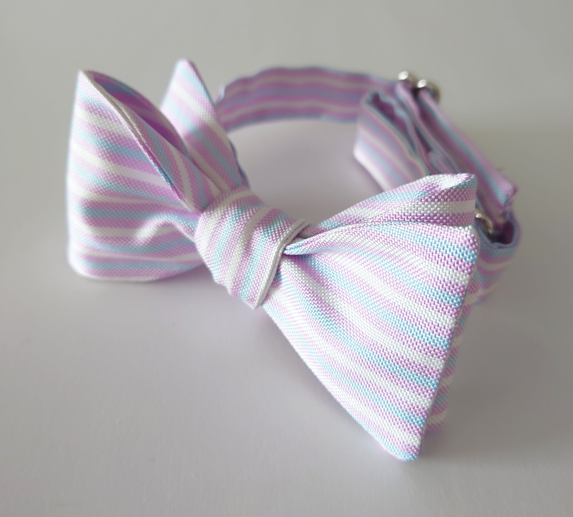 lilac and blue striped silk bow tie