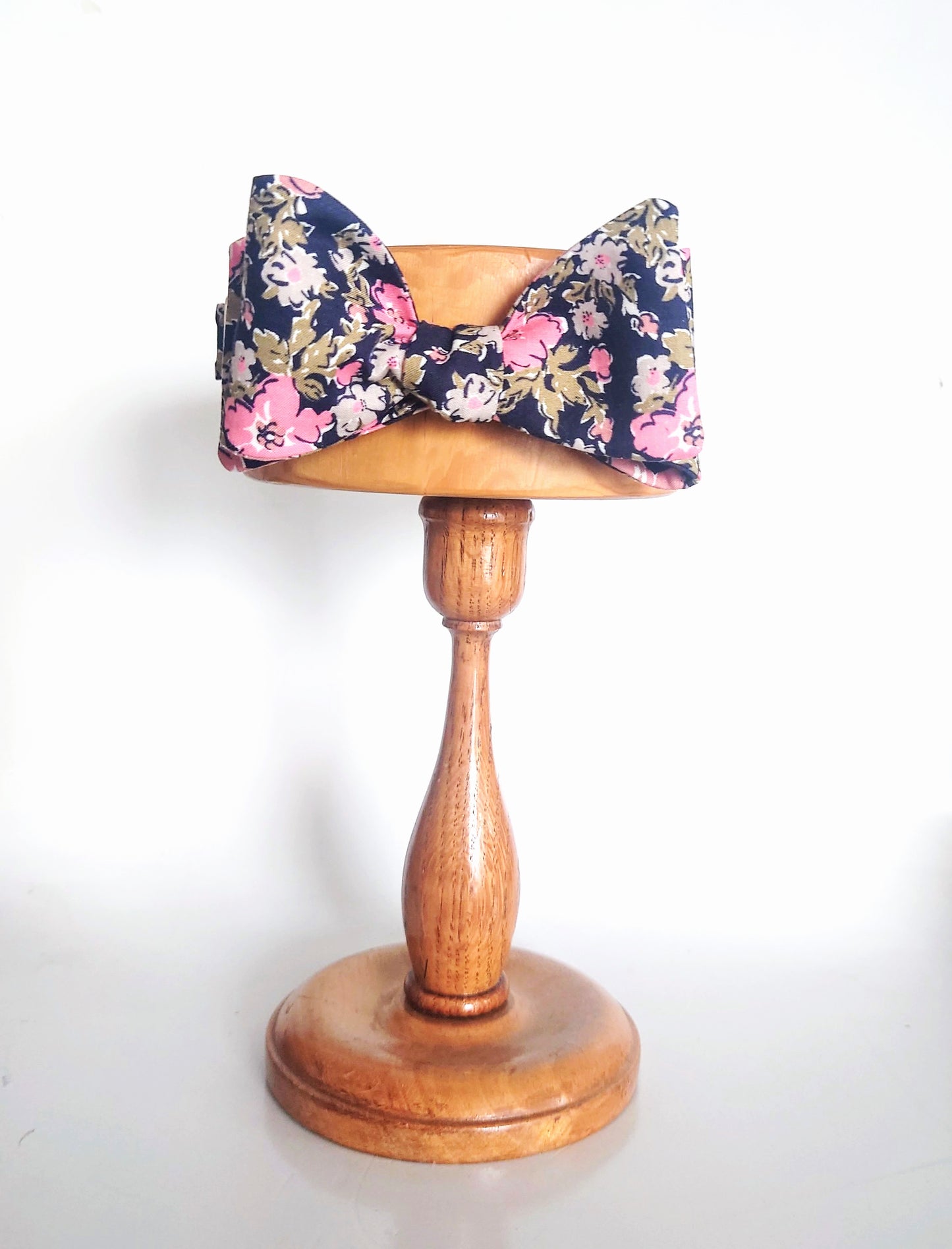 navy blue cotton bow tie with pink flowers