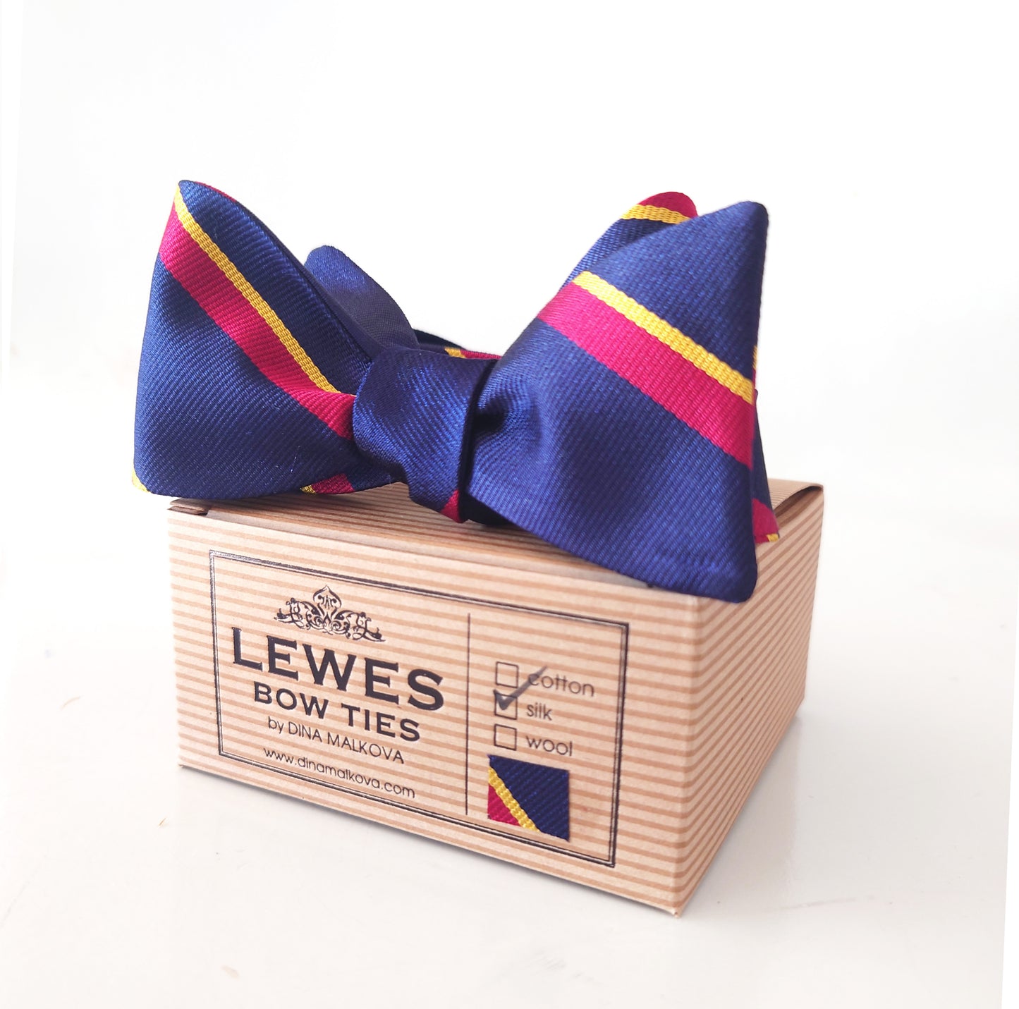 navy blue silk with burgundy and gold stripe bow tie