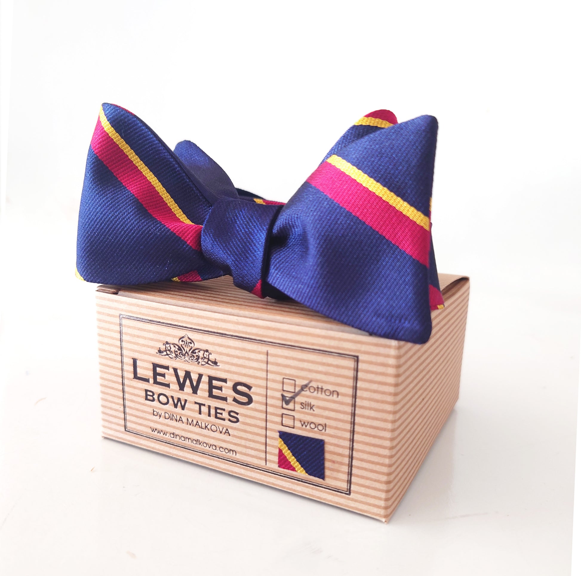 navy blue silk with burgundy and gold stripe bow tie
