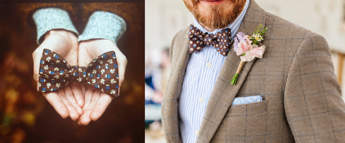 A split image showing a men's patterned bow tie. The left panel shows the bow tie held in hands, and the right panel shows a man wearing it with a blue striped shirt, brown tweed jacket, and a pink boutonniere.
