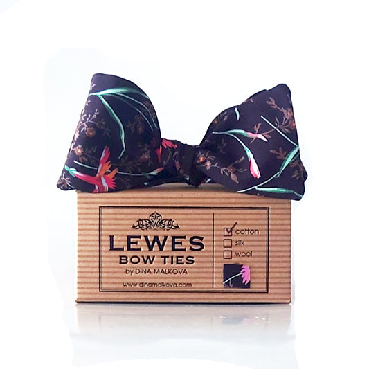 Pink carnations on brown cotton bow tie
