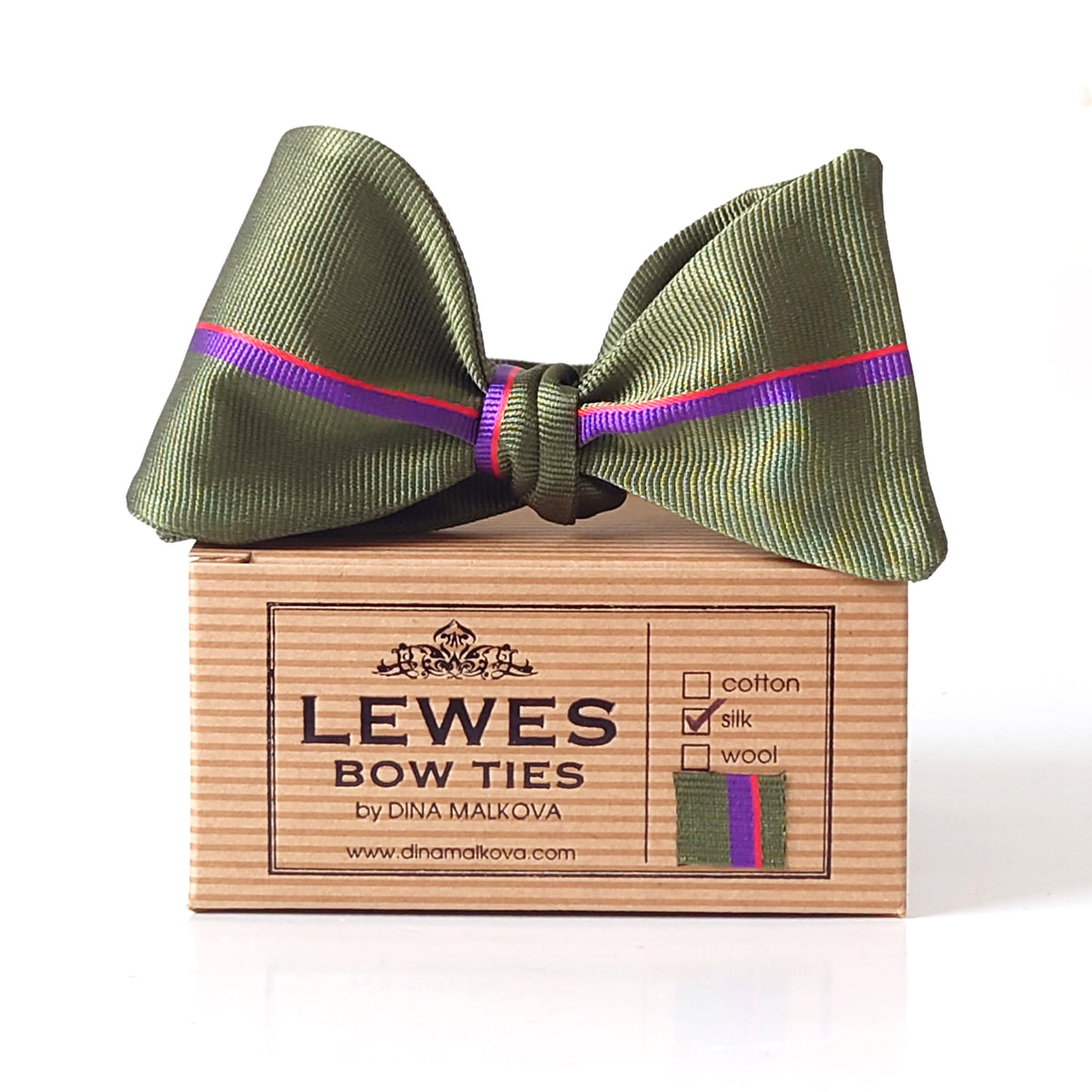 pink stripe across bow tie made from moss green silk