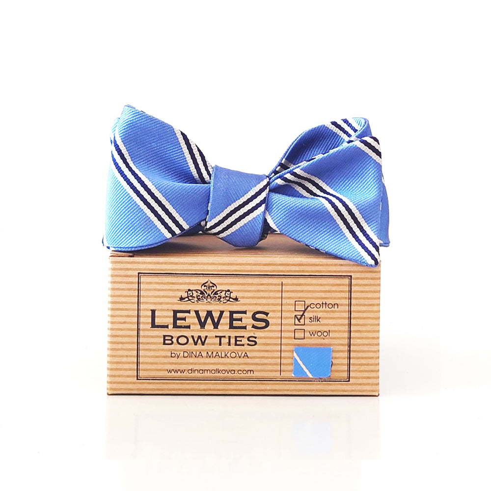 Blue striped bow tie on a box with 'Lewes Bow Ties' branding.